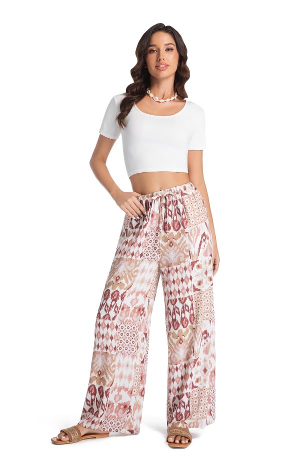 Women Wide Leg Pants Casual High Waist Floral Flowing Drawstring Trendy Lounge Boho Beach Pant Trouser