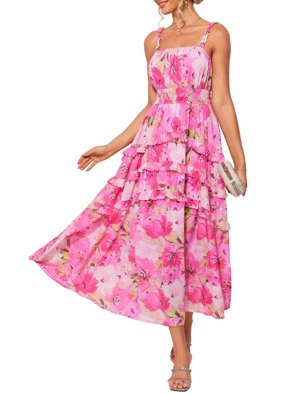 Women's Floral Summer Wedding Guest Dresses 2025 Trendy Long Flowy Smocked Tiered Maxi Dress