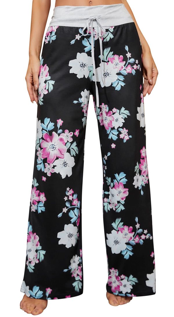 Women's Comfy Pajamas Drawstring Stretch Floral Print Long Wide Leg Lounge Pants