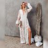 Womens Boho Beach V Neck Floral Embroidered Lace Wedding Maxi Dress Bridesmaid Evening Party Dresses