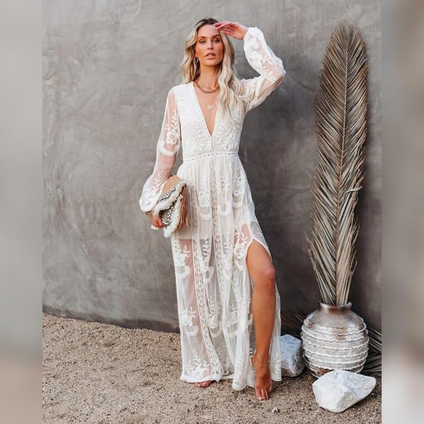 Womens Boho Beach V Neck Floral Embroidered Lace Wedding Maxi Dress Bridesmaid Evening Party Dresses