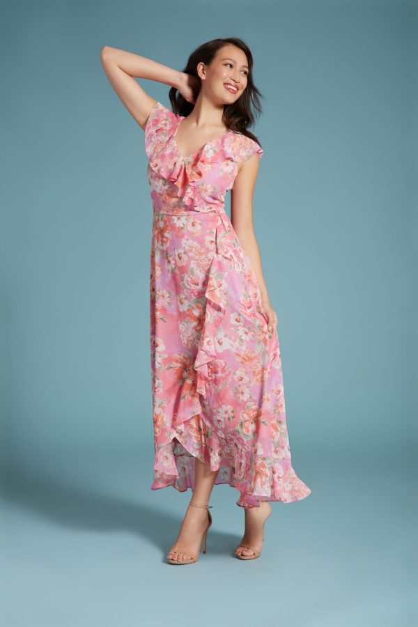 Women's Chiffon Faux Wrap Ruffle Maxi Dress Guest of Wedding