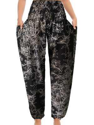 Women's Boho Harem Pants with Pockets, Smocked High Waist Hippie Flowy Trousers, Comfy Bohemian Clothes for Yoga