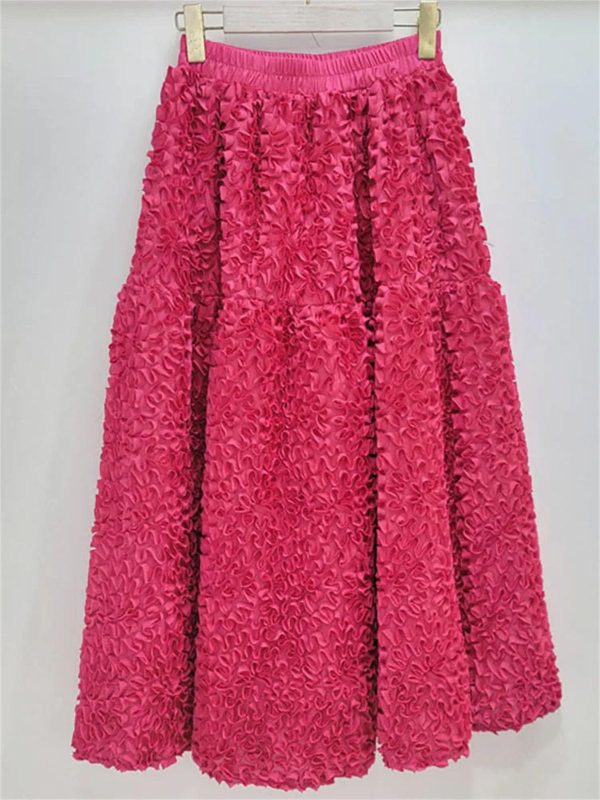 Women's 3D Floral Maxi Skirt, Elastic High Waist Ruffled Hem A-Line Skirt