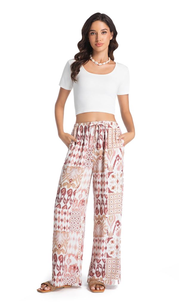 Women Wide Leg Pants Casual High Waist Floral Flowing Drawstring Trendy Lounge Boho Beach Pant Trouser