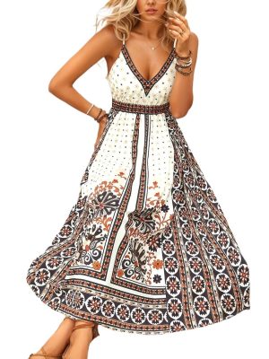Bohemian Backless Spaghetti Strap Maxi Dress Ethnic Print Trendy Vacation Casual Long Dress for Women Summer Style