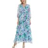 Women's Sheer Long Sleeve V-Neck Floral Tiered Ruffle Wrap Maxi