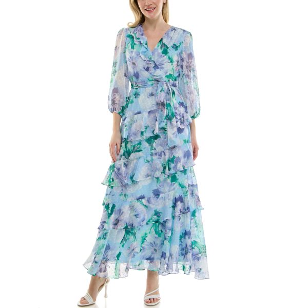 Women's Sheer Long Sleeve V-Neck Floral Tiered Ruffle Wrap Maxi