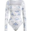 Women's Floral Square Neck Long Sleeve Bodysuit Ruched Casual Tee Tops