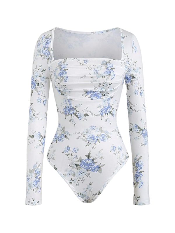 Women's Floral Square Neck Long Sleeve Bodysuit Ruched Casual Tee Tops