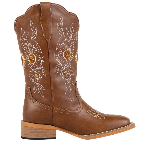 Floral Cowboy Boots for Women Square Toe Wide Calf Western Fashion Sunflower Cowgirl Boots
