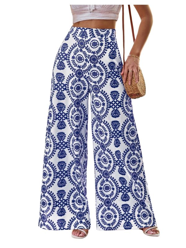 Women's High Waist Floral Wide Leg Palazzo Pants Flowy Travel Trousers