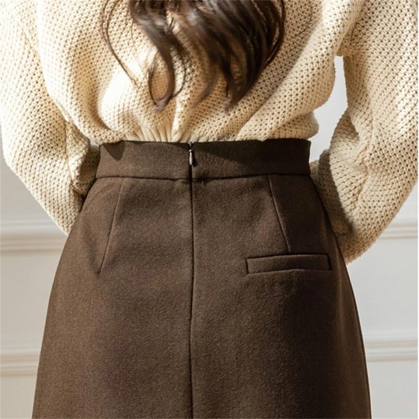 Women Vintage Solid Bodycon Split Wrap Wool Skirt Straight Retro High Waist Long Winter Skirts