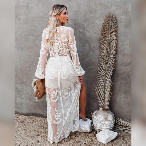 Womens Boho Beach V Neck Floral Embroidered Lace Wedding Maxi Dress Bridesmaid Evening Party Dresses