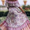 Women's Floral Resort Set - Slash Neck Ruffle Blouse & High Waist Maxi Skirt in Soft Pink