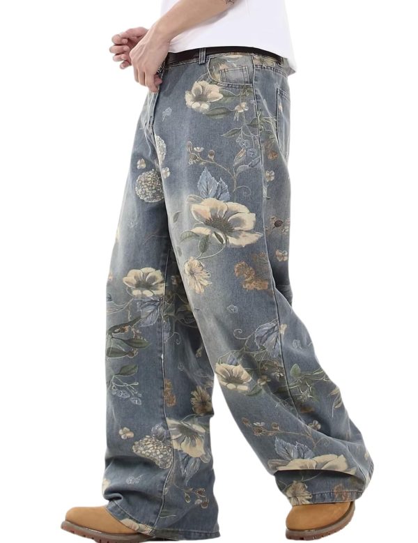 Y2k Baggy Jeans Men Flower Print Graphic Jeans Harajuku Wide Leg Boyfriend Denim Pants Streetwear