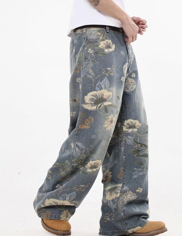Y2k Baggy Jeans Men Flower Print Graphic Jeans Harajuku Wide Leg Boyfriend Denim Pants Streetwear