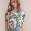 Women's Floral Print Short Puff Sleeve Blouse Elegant Collar Button Down Shirts Tops
