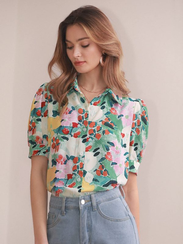 Women's Floral Print Short Puff Sleeve Blouse Elegant Collar Button Down Shirts Tops
