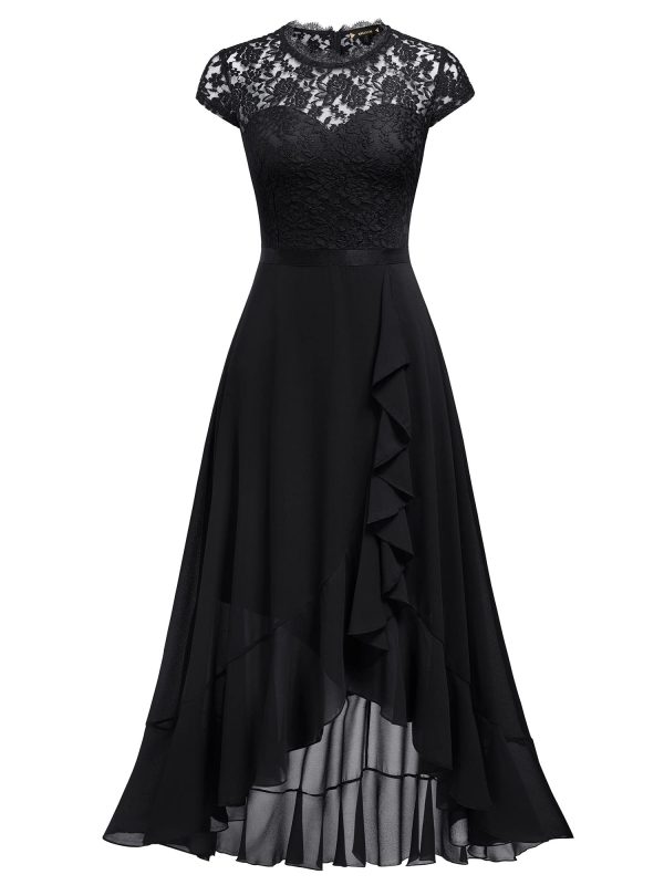 Women's Retro Lace Contrast Chiffon Ruffle Evening Maxi Dress