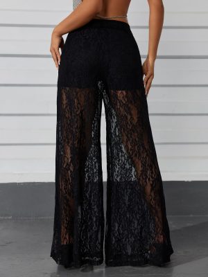 Women's Lace Sheer Elastic Waist Wide Leg Pants See Through Long Trousers Party Clubwear