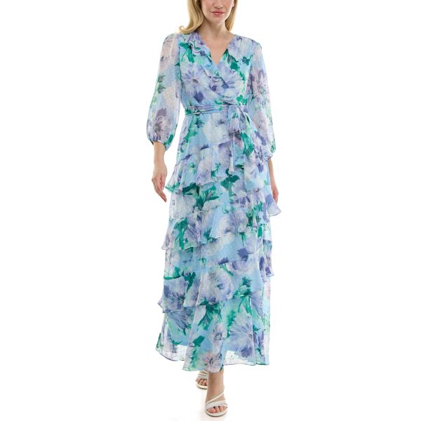 Women's Sheer Long Sleeve V-Neck Floral Tiered Ruffle Wrap Maxi