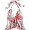 Women's Floral Halter Top Boho Ruffle Mesh Shirt V Neck Tie Backless Sleeveless Cami Tops