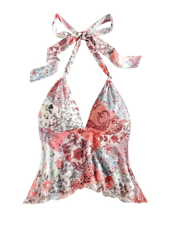 Women's Floral Halter Top Boho Ruffle Mesh Shirt V Neck Tie Backless Sleeveless Cami Tops