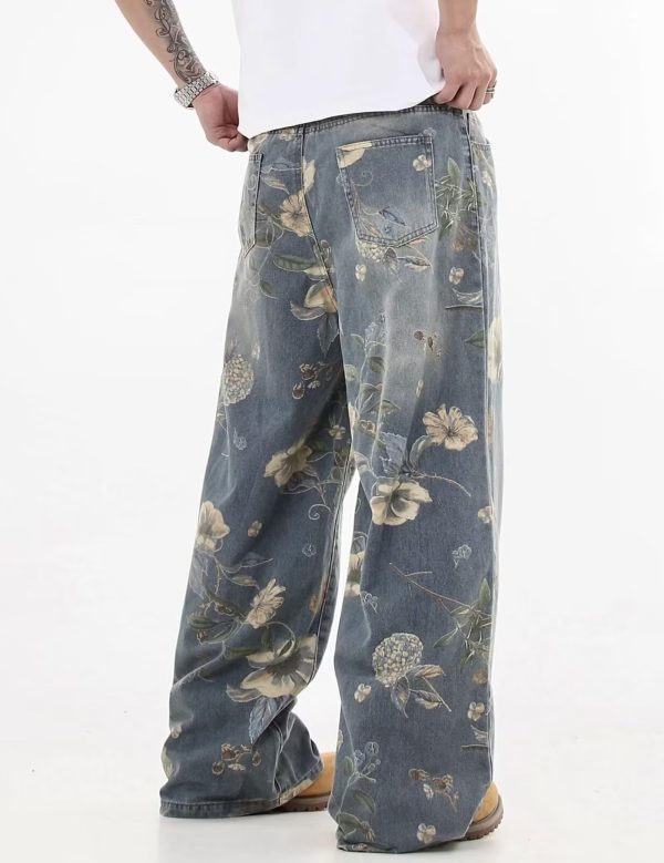 Y2k Baggy Jeans Men Flower Print Graphic Jeans Harajuku Wide Leg Boyfriend Denim Pants Streetwear