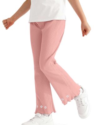 Girl's Fall Knitted Ribbed Bell Bottoms Pants Ruffle Flare Pants Floral Embroidery Trousers for Children's