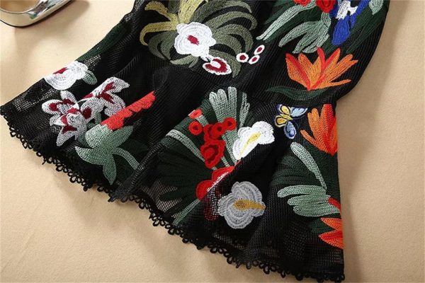 Women Spring Summer Flowers Butterfly Parrot Embroidery Mermaid Dress