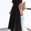Womens 2025 Summer Maxi Dress Short Sleeve V Neck Hollow Out Eyelet A Line Long Flowy Beach Vacation Dresses
