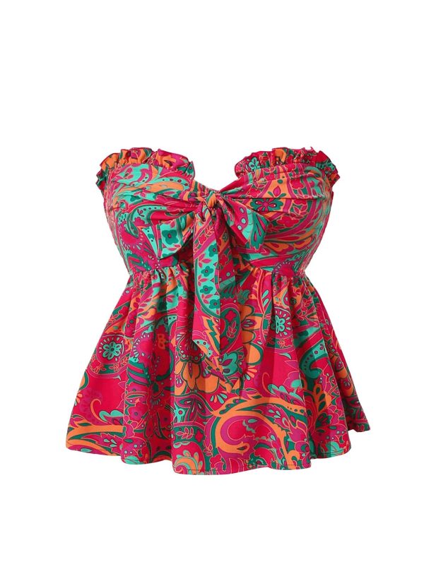 Women's Floral Tube Tops Strapless Tie Front Frill Peplum Shirred Boho Summer Bandeau Top