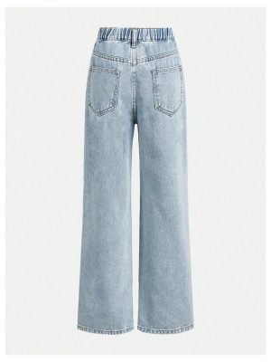 Girl's Bowknot Print Washed Jean Elastic Waist Denim Pants Straight Leg Trousers with Pockets