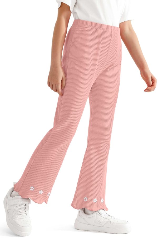 Girl's Fall Knitted Ribbed Bell Bottoms Pants Ruffle Flare Pants Floral Embroidery Trousers for Children's