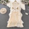 Women Summer Flower Embroidery Lace Chiffon Short Sleeve Single Breasted Midi Long Prom Dress