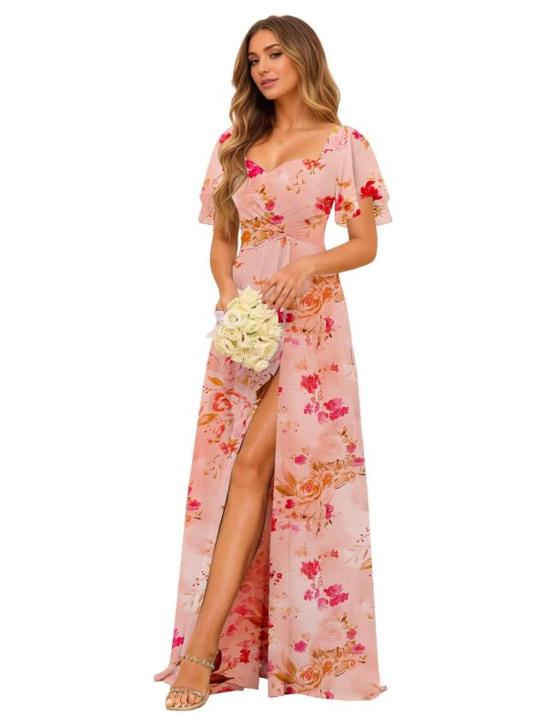 Women's Sweetheart Flutter Sleeves Bridesmaid Dresses with Slit A-line Short Sleeves Chiffon Formal Evening Dress