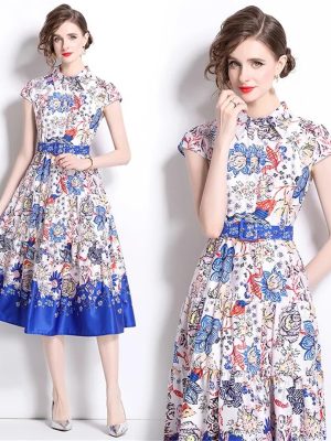 Women's Summer Autumn Elegant Flower Shirt Short Sleeve Belt Office Long Floral Print Midi Dress