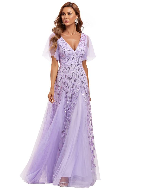 Women's Sequin Sparkly V-Neck Short Sleeve Maxi Evening Dress 00734