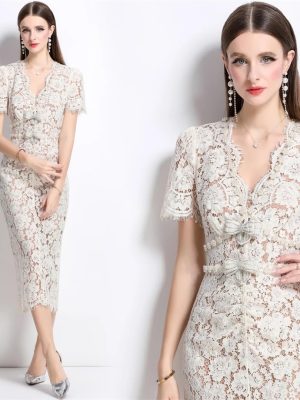 Women Summer Elegant Short Sleeve Hollow Out Pearl Embroidery Midi Long Lace Evening Formal Dress