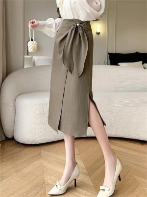 Women's Summer Irregular Skirt with Lace Bow High Waist Elegant Office OL Work Fashion Midi Skirts