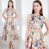 Women Runway Patchwork Jacquard Midi Long Sleeveless Office Work Wear Dress