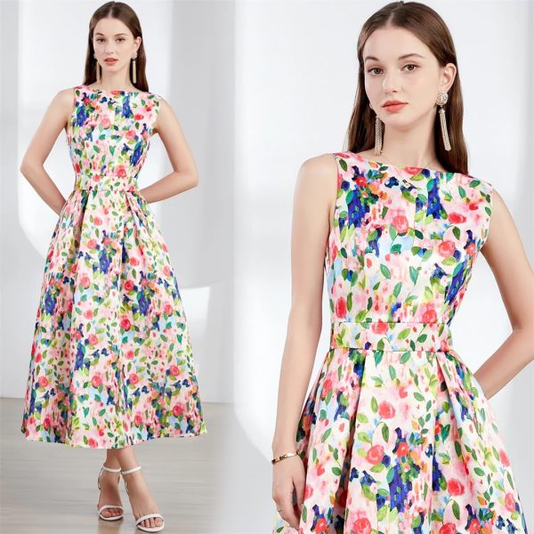 Women Runway Patchwork Jacquard Midi Long Sleeveless Office Work Wear Dress