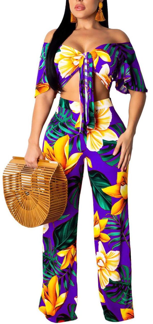 Two Piece Outfits for Women Beach Bandage Crop Top Long Straight Pants Vacation Swimwear Cover Ups Sets