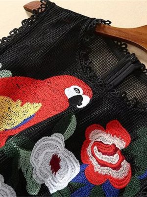 Women Spring Summer Flowers Butterfly Parrot Embroidery Mermaid Dress