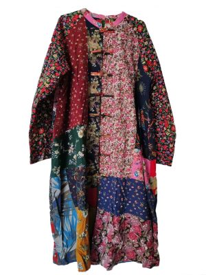 Women's Trench Coat Long Cotton Linen Floral Print Jacket Cottagecore Clothing Patchwork Outwear Each Piece Unique