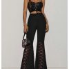 Women's Floral Lace Bell Bottom Pants Sheer Mesh Flare Leg Elastic High Waist Trendy Sexy Long Trousers