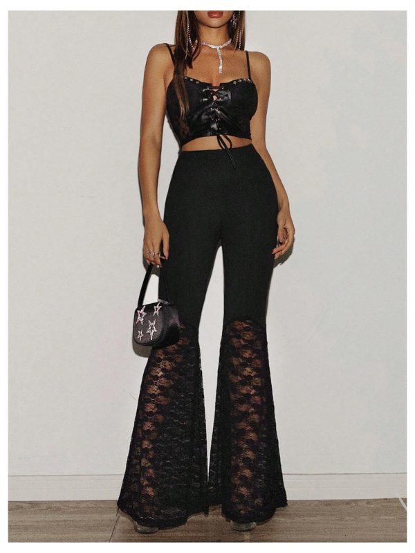 Women's Floral Lace Bell Bottom Pants Sheer Mesh Flare Leg Elastic High Waist Trendy Sexy Long Trousers