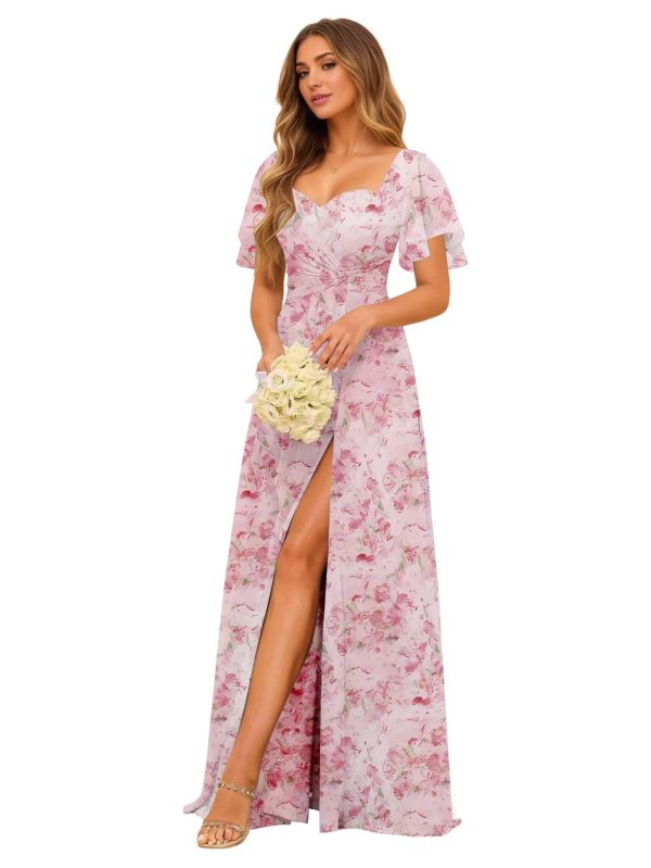 Women's Sweetheart Flutter Sleeves Bridesmaid Dresses with Slit A-line Short Sleeves Chiffon Formal Evening Dress