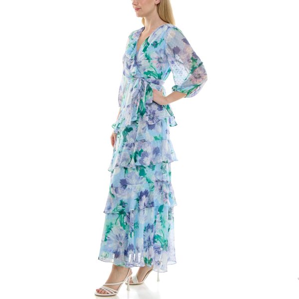 Women's Sheer Long Sleeve V-Neck Floral Tiered Ruffle Wrap Maxi